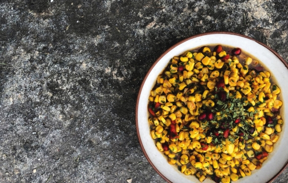 Moroccan Corn Salad from Tara Kitchen, founded by Aneesa Waheed and Muntasim Shoaib.