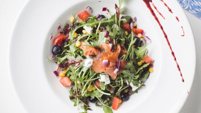 Summer Salad with Blueberry Maple Balsamic Vinaigrette recipe from Laura Ligos.