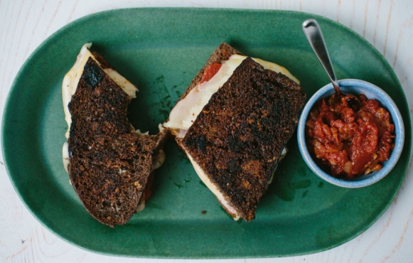 Five-Cheese Jam Grilled Cheese recipe from Restaurant Navona in Albany, New York.