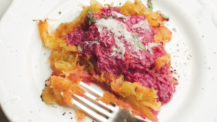 spaghetti squash, beet sauce